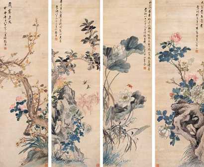 张子祥 1884年作 四季花卉图 四屏